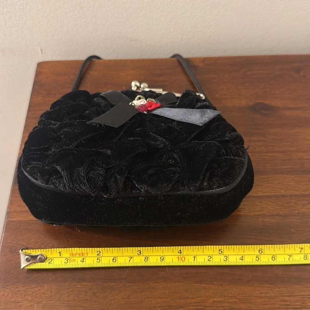 Toby NYC Small Mini Girls Velvet Black Purse With Red Pink Roses Clutch Handbag